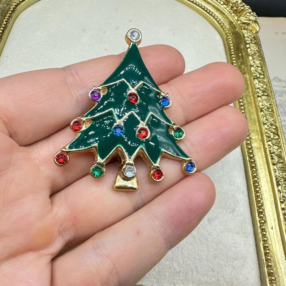 Vintage Jewelry Enamel Christmas Tree with Rhinestones Brooch Christmas Pin
